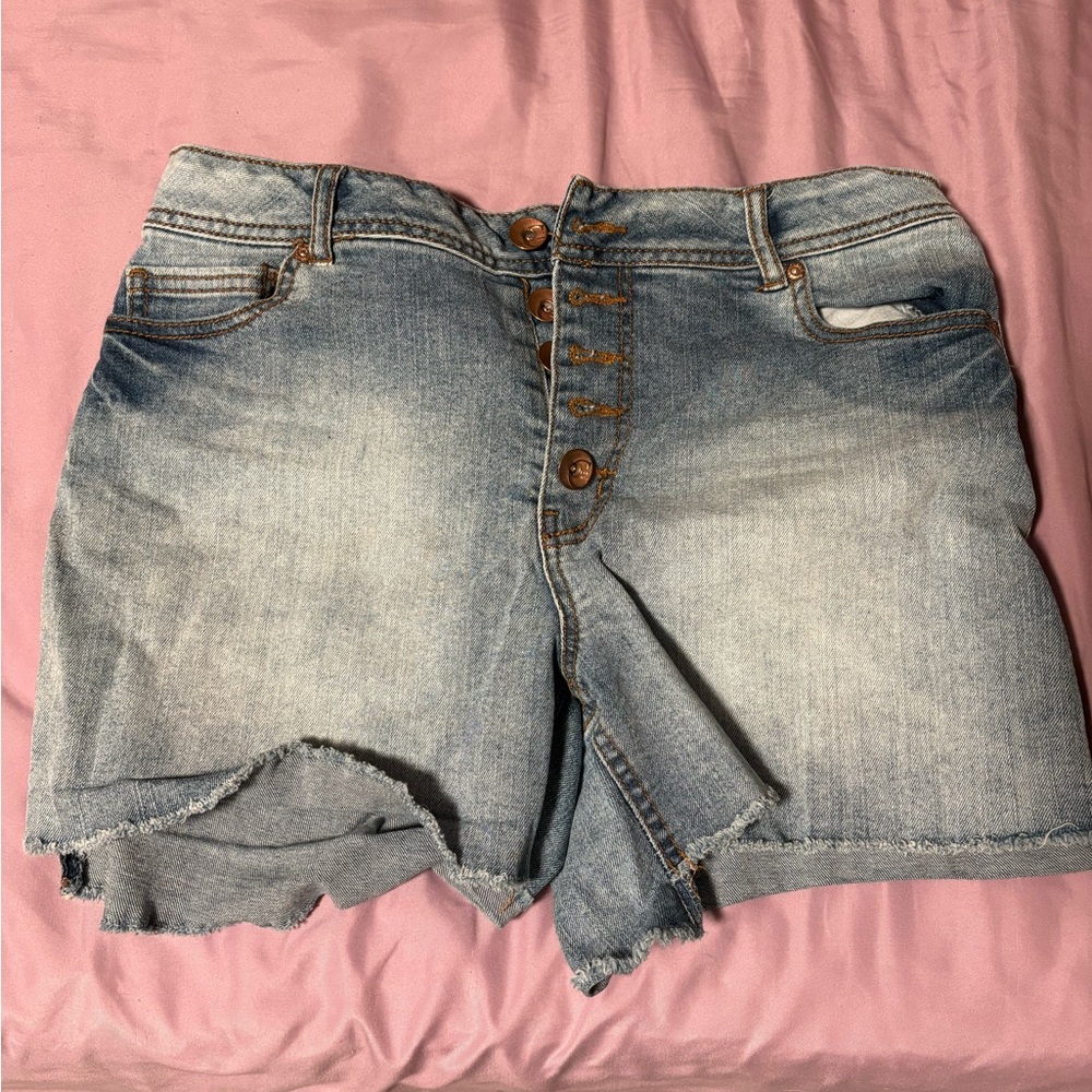 High-Rise Light Blue Denim Shorts with Button Fly